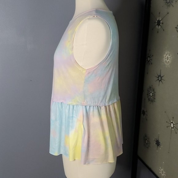 Nwot Pink Lily Rainbow Pastel Tie Dye Peplum Tank Top Shirt Sleeveless Sz S - Picture 2 of 8
